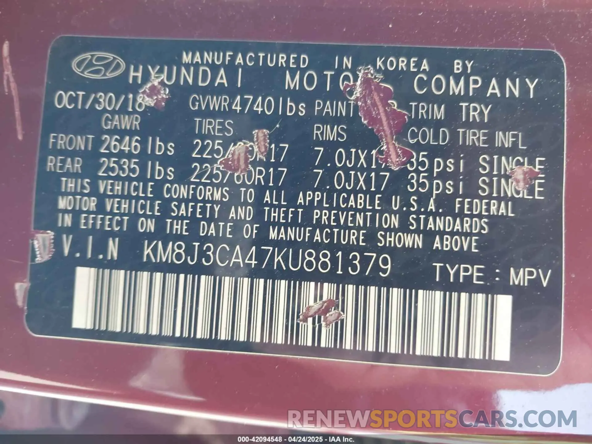 9 Photograph of a damaged car KM8J3CA47KU881379 HYUNDAI TUCSON 2019