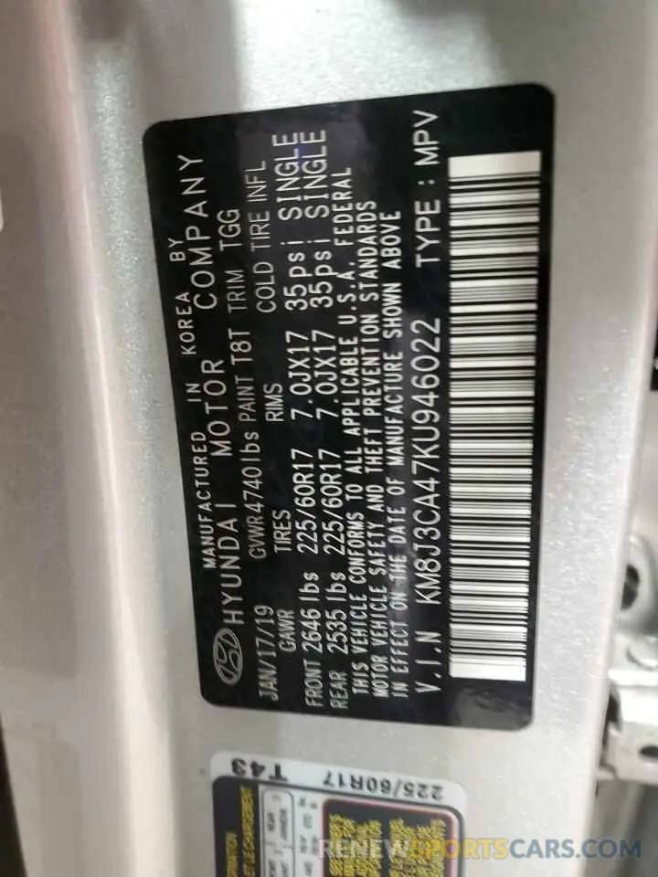 13 Photograph of a damaged car KM8J3CA47KU946022 HYUNDAI TUCSON 2019
