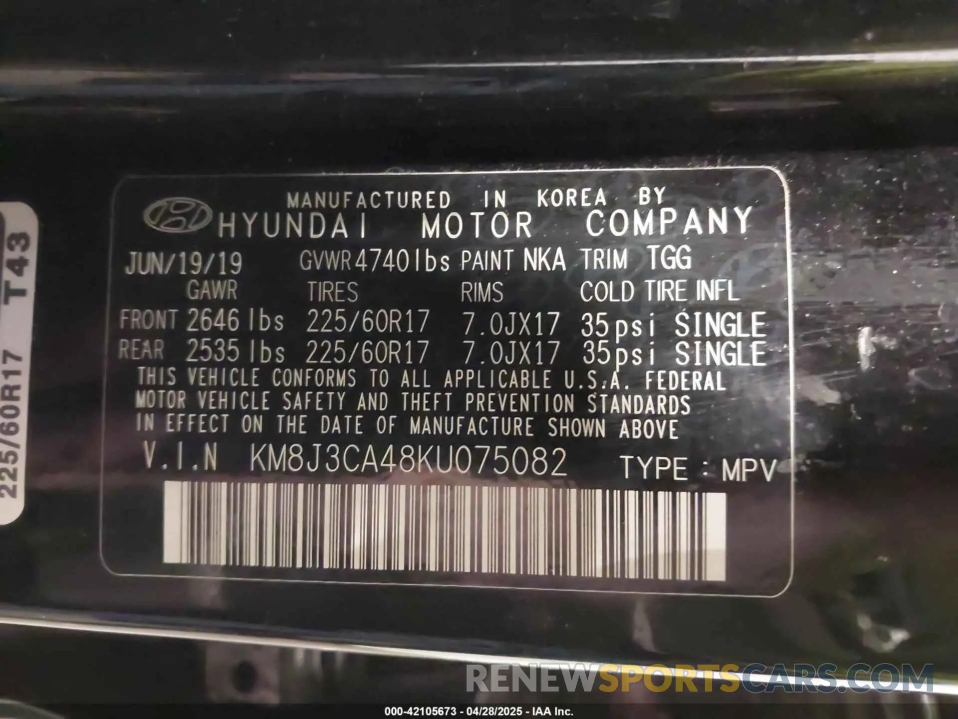 9 Photograph of a damaged car KM8J3CA48KU075082 HYUNDAI TUCSON 2019