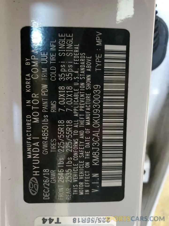 13 Photograph of a damaged car KM8J3CAL0KU930039 HYUNDAI TUCSON 2019