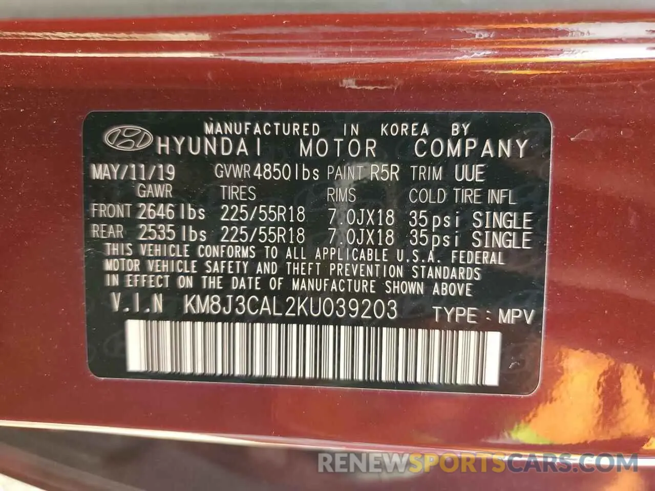 14 Photograph of a damaged car KM8J3CAL2KU039203 HYUNDAI TUCSON 2019