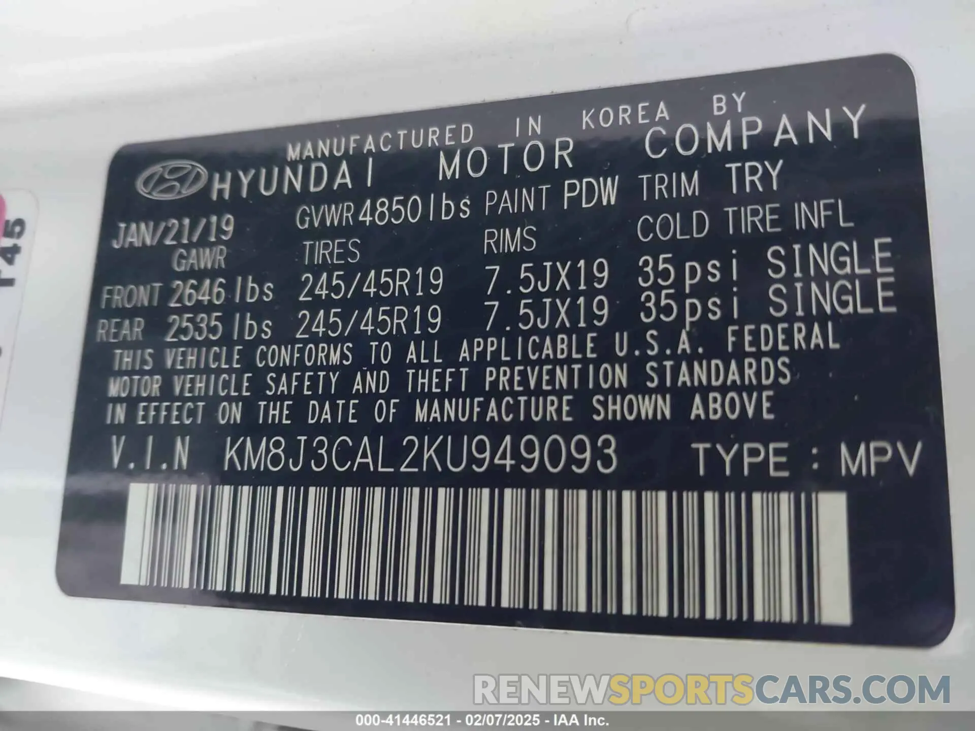 9 Photograph of a damaged car KM8J3CAL2KU949093 HYUNDAI TUCSON 2019