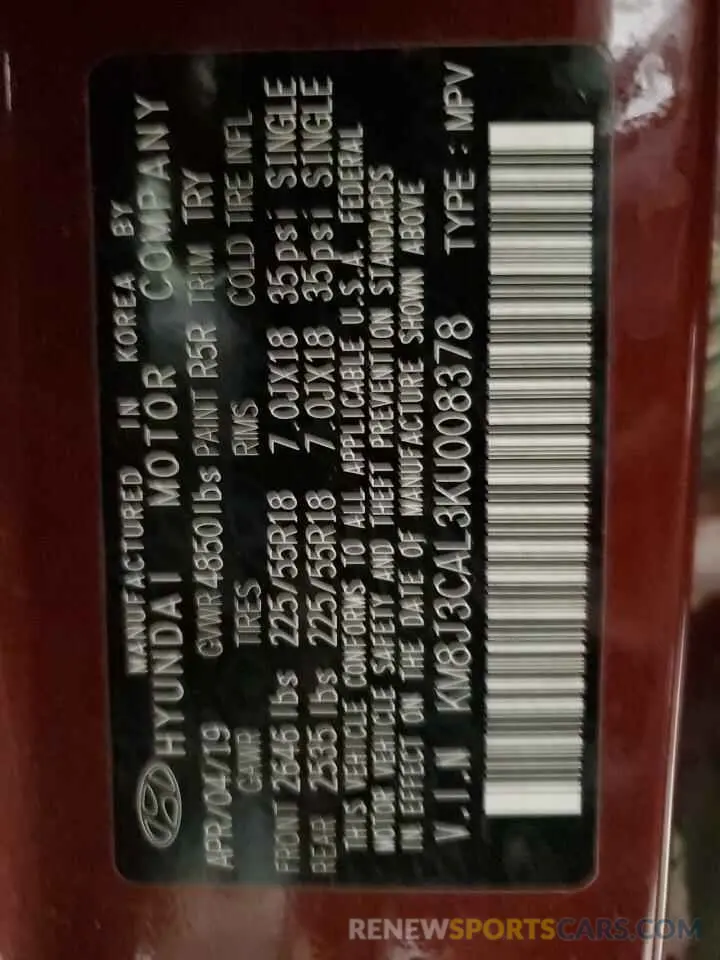 13 Photograph of a damaged car KM8J3CAL3KU008378 HYUNDAI TUCSON 2019