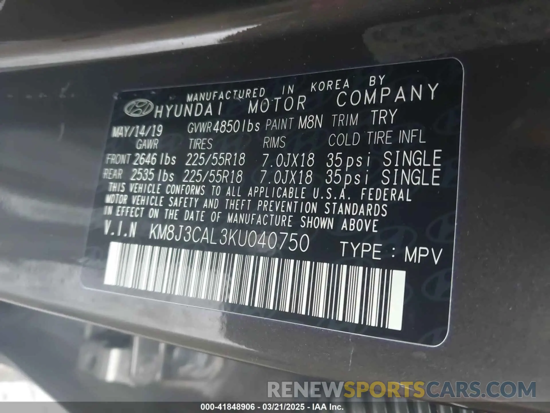 9 Photograph of a damaged car KM8J3CAL3KU040750 HYUNDAI TUCSON 2019