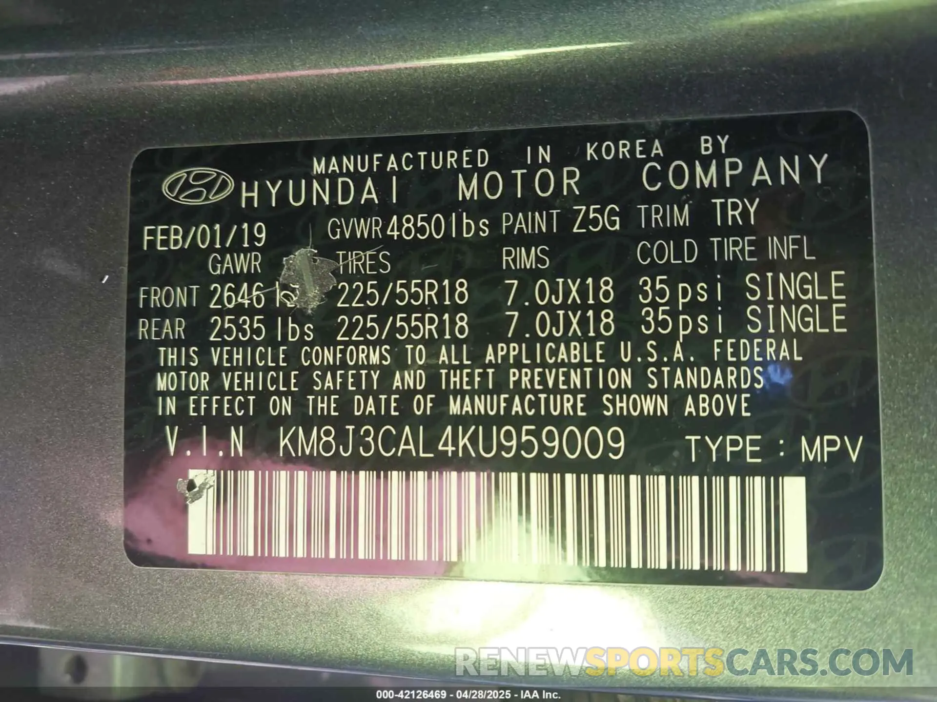 9 Photograph of a damaged car KM8J3CAL4KU959009 HYUNDAI TUCSON 2019