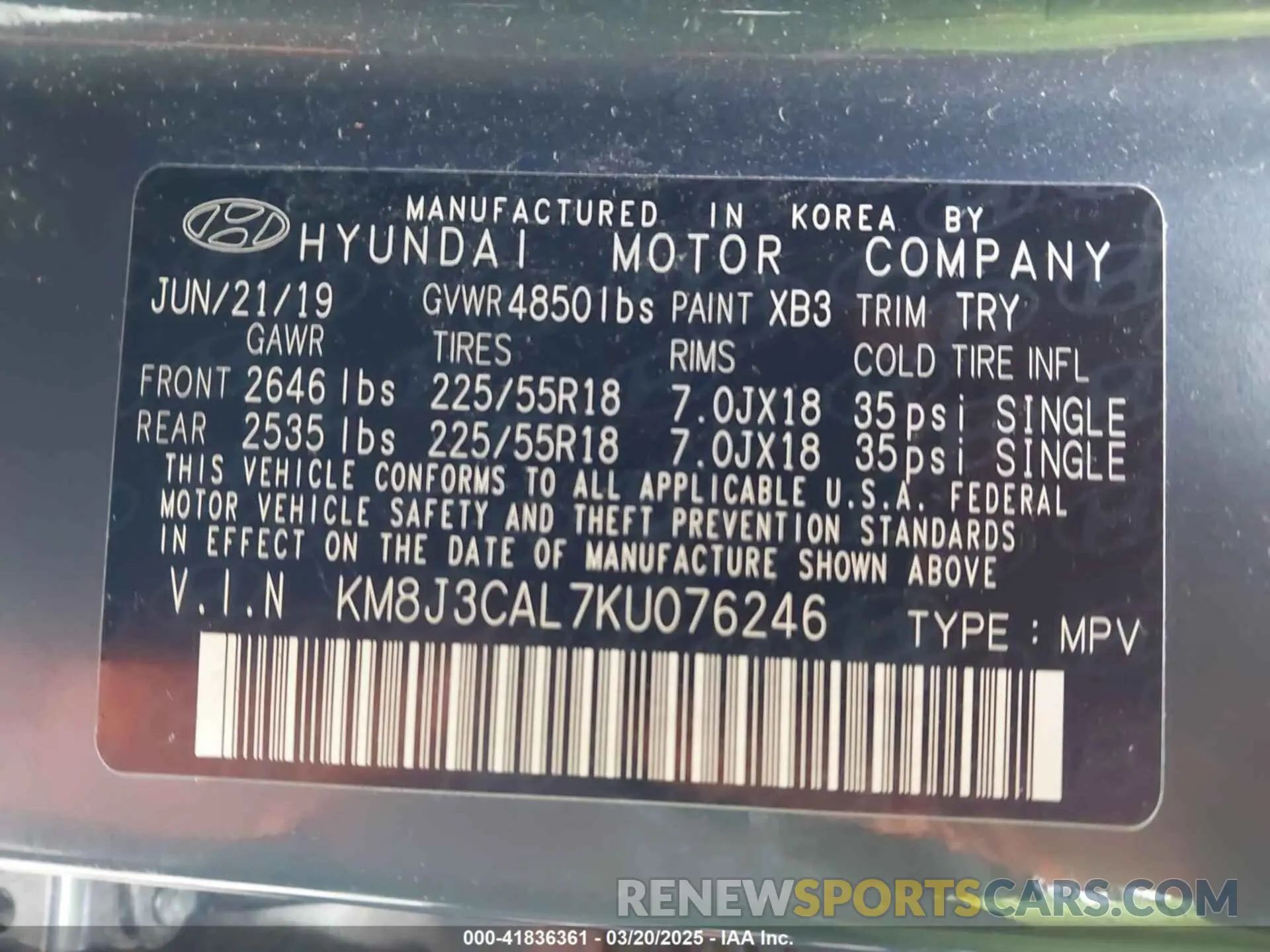 9 Photograph of a damaged car KM8J3CAL7KU076246 HYUNDAI TUCSON 2019