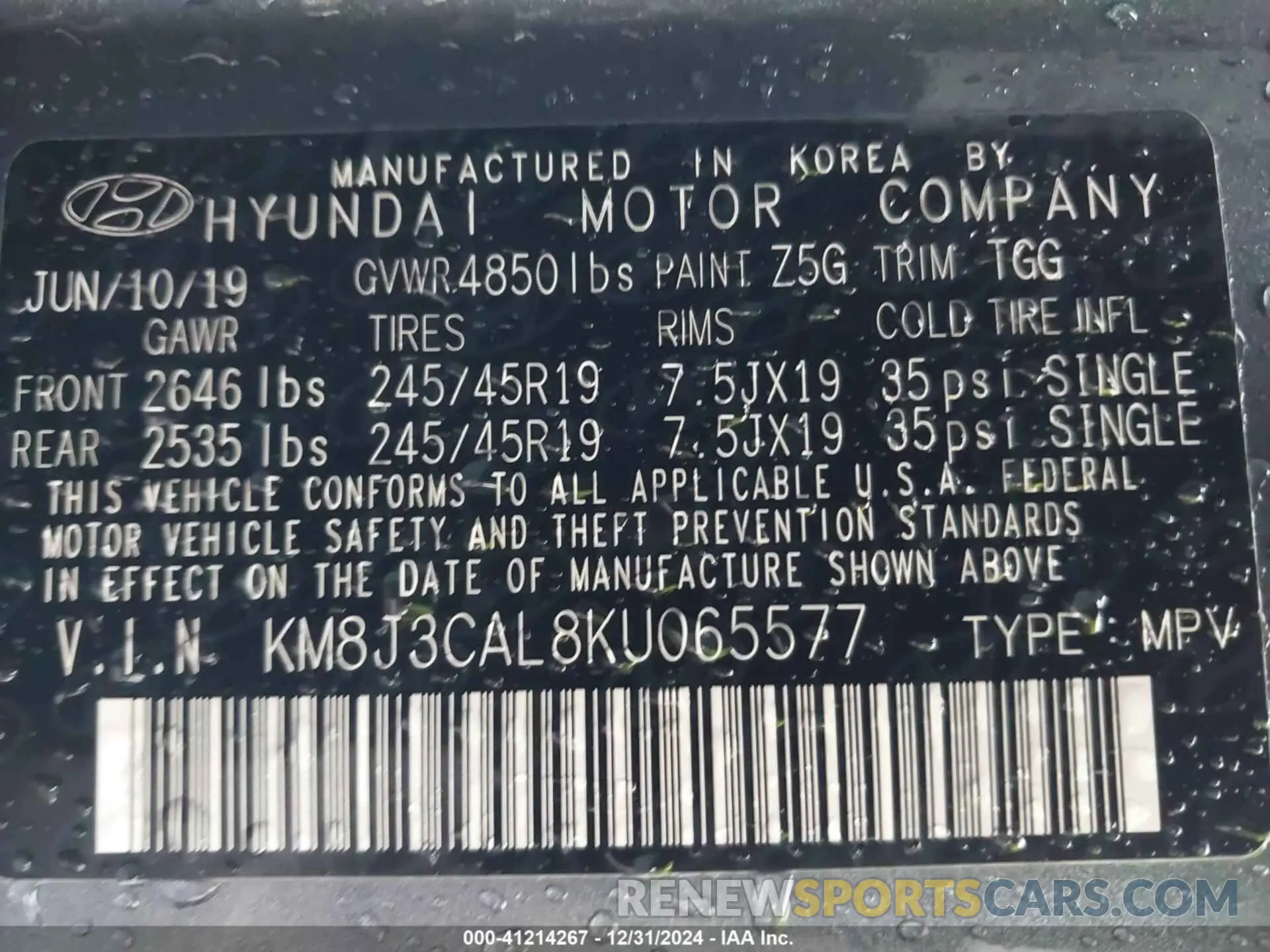9 Photograph of a damaged car KM8J3CAL8KU065577 HYUNDAI TUCSON 2019