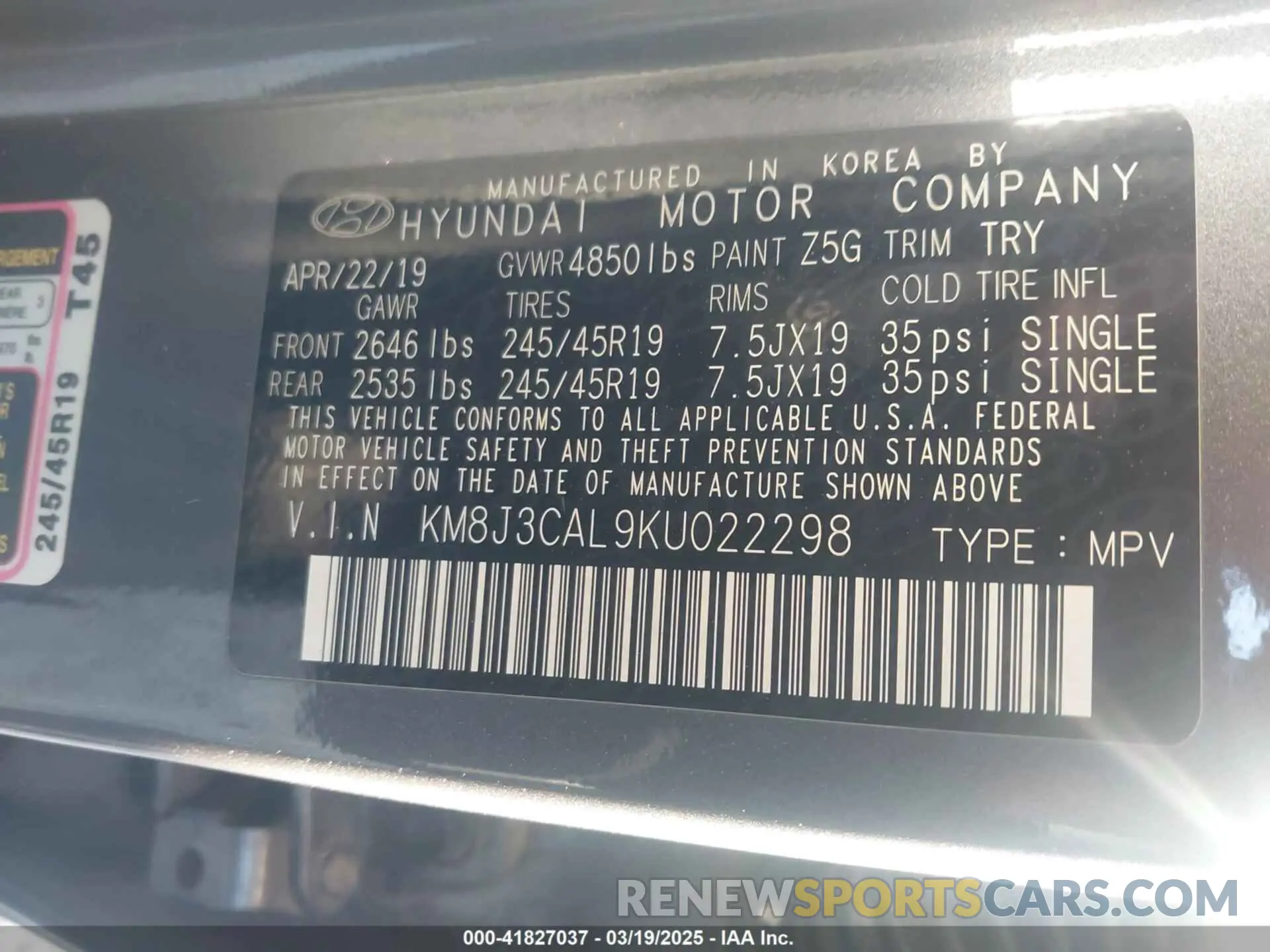 9 Photograph of a damaged car KM8J3CAL9KU022298 HYUNDAI TUCSON 2019