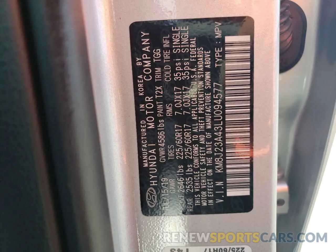 13 Photograph of a damaged car KM8J23A43LU094577 HYUNDAI TUCSON 2020