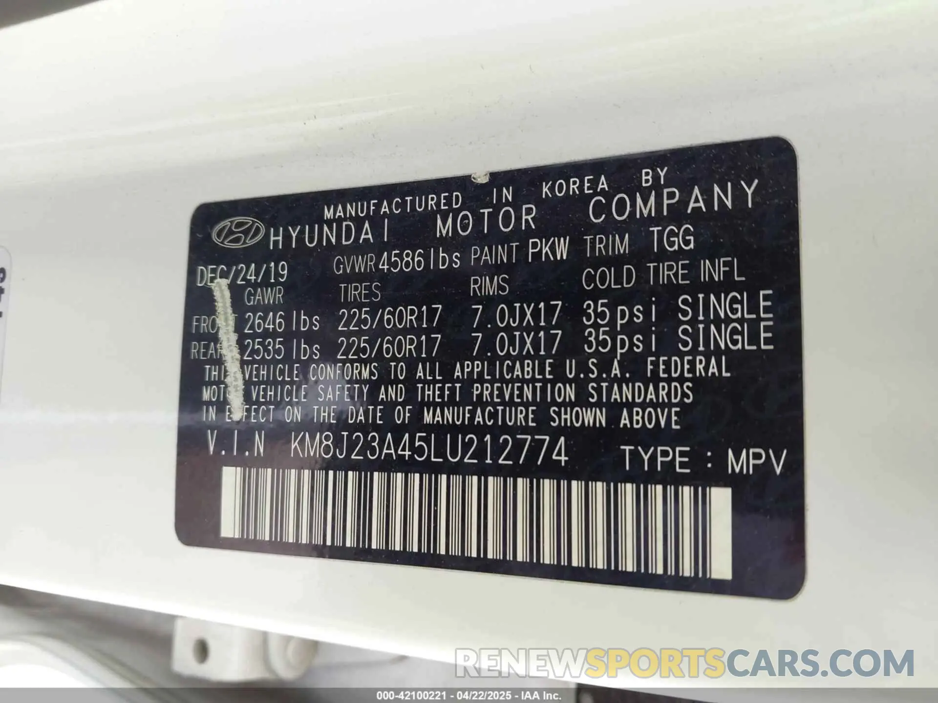 9 Photograph of a damaged car KM8J23A45LU212774 HYUNDAI TUCSON 2020