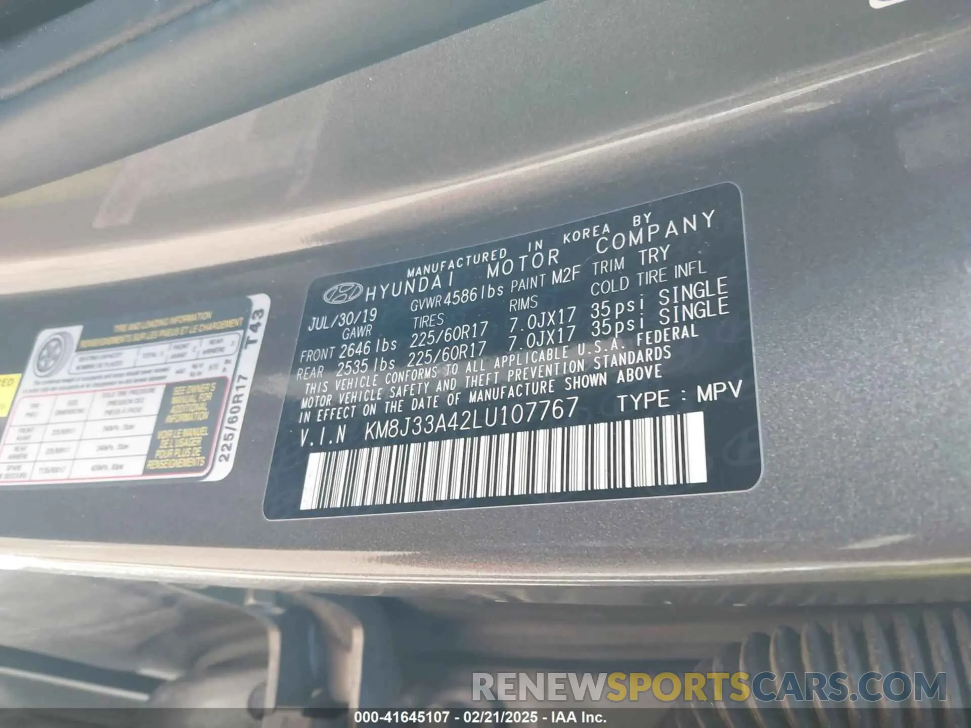 9 Photograph of a damaged car KM8J33A42LU107767 HYUNDAI TUCSON 2020