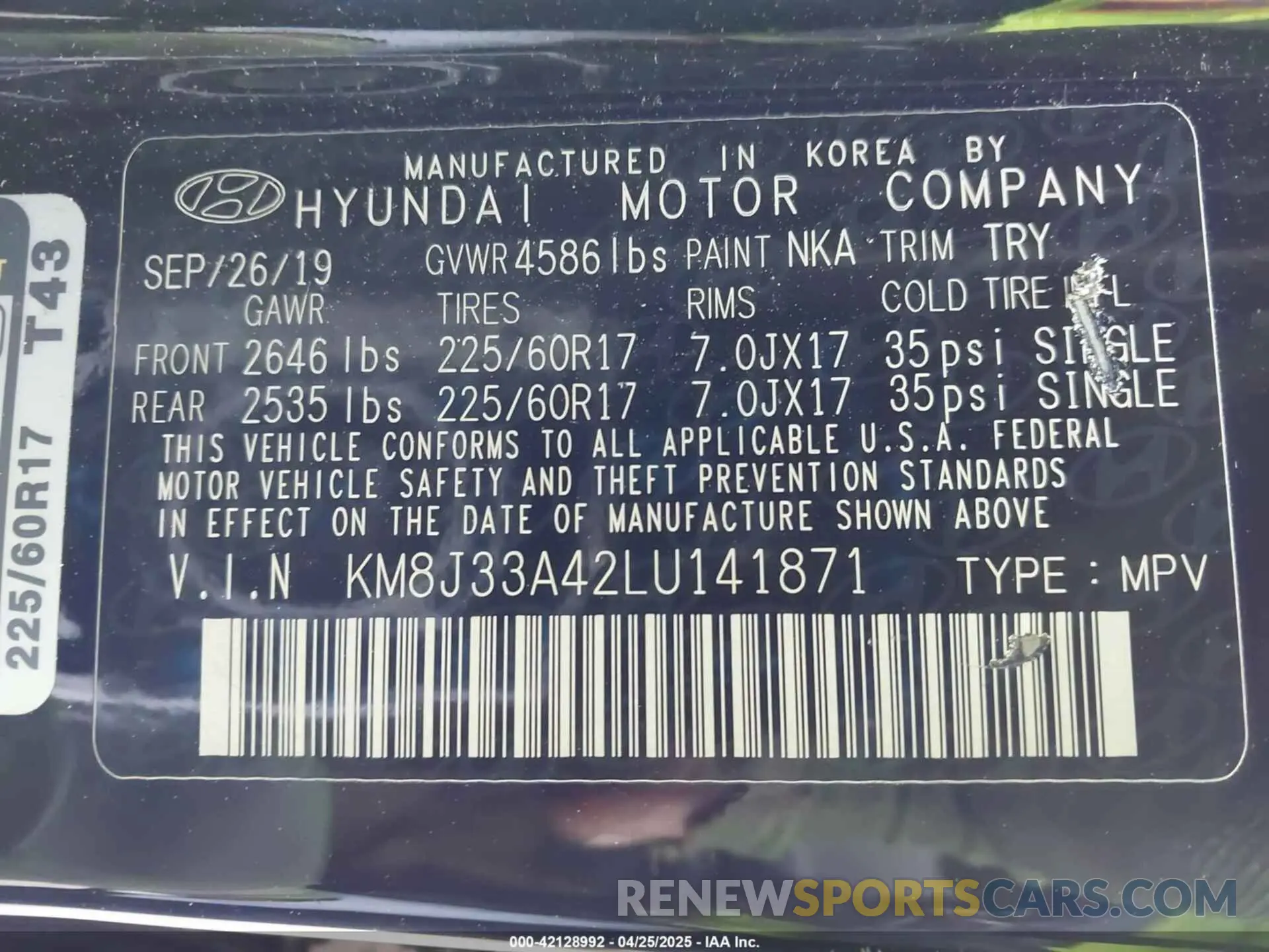 9 Photograph of a damaged car KM8J33A42LU141871 HYUNDAI TUCSON 2020