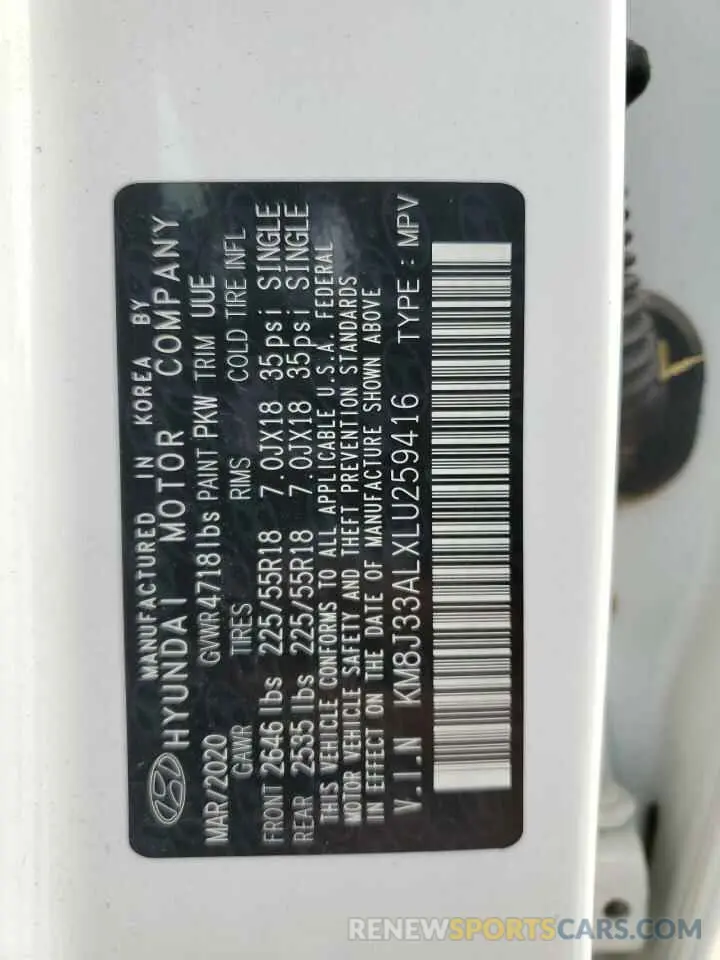 13 Photograph of a damaged car KM8J33ALXLU259416 HYUNDAI TUCSON 2020