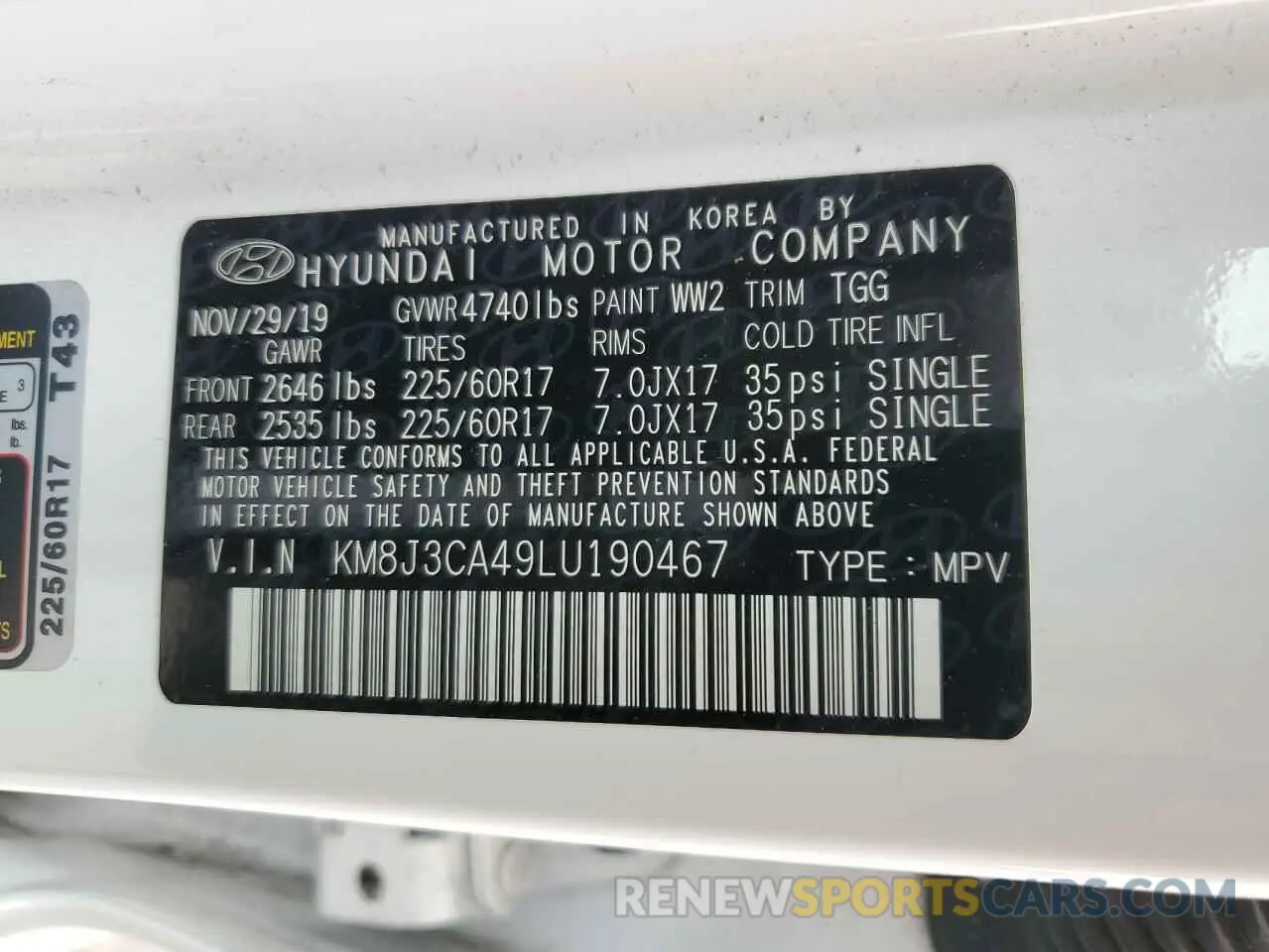 13 Photograph of a damaged car KM8J3CA49LU190467 HYUNDAI TUCSON 2020