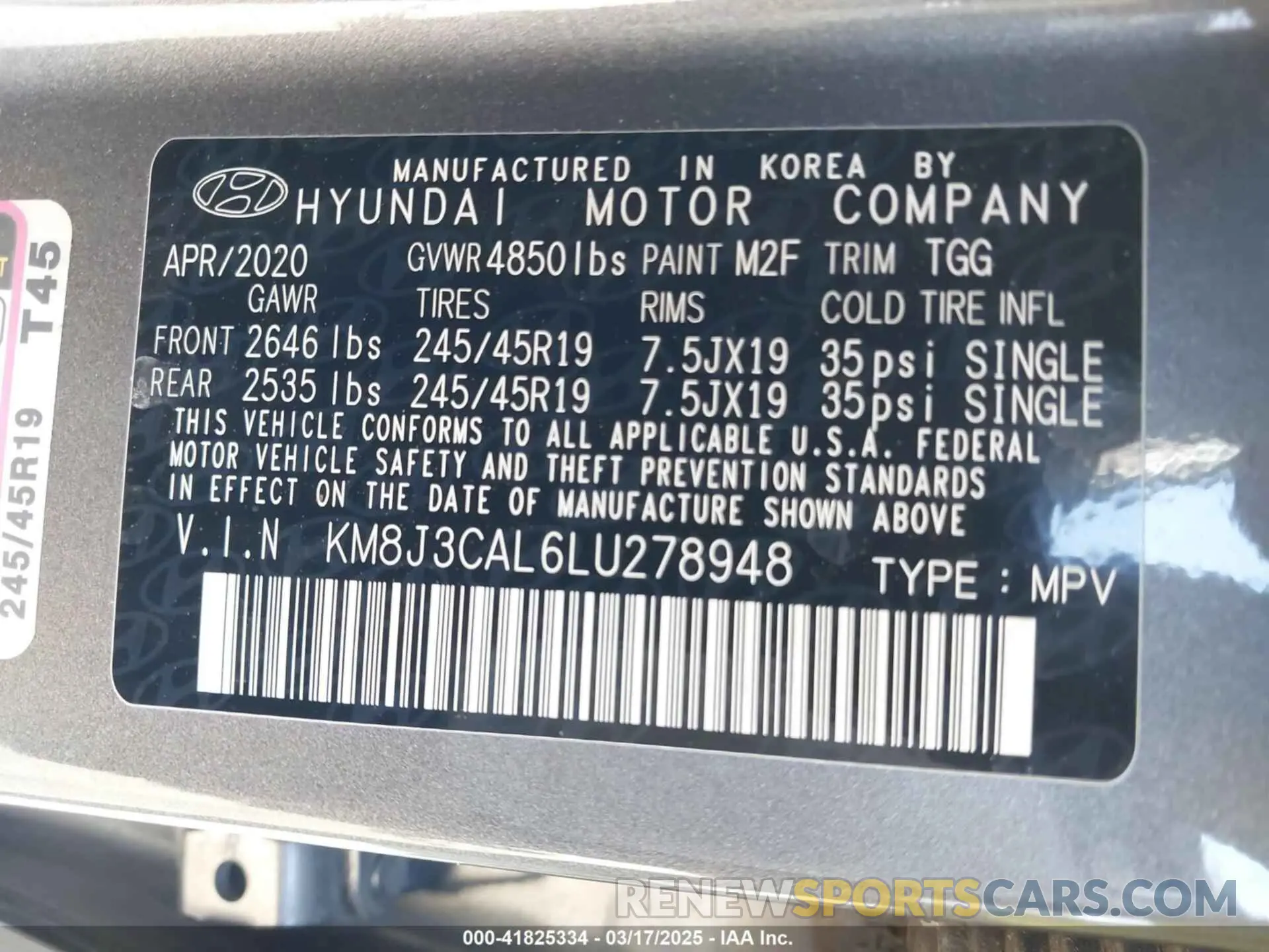 9 Photograph of a damaged car KM8J3CAL6LU278948 HYUNDAI TUCSON 2020
