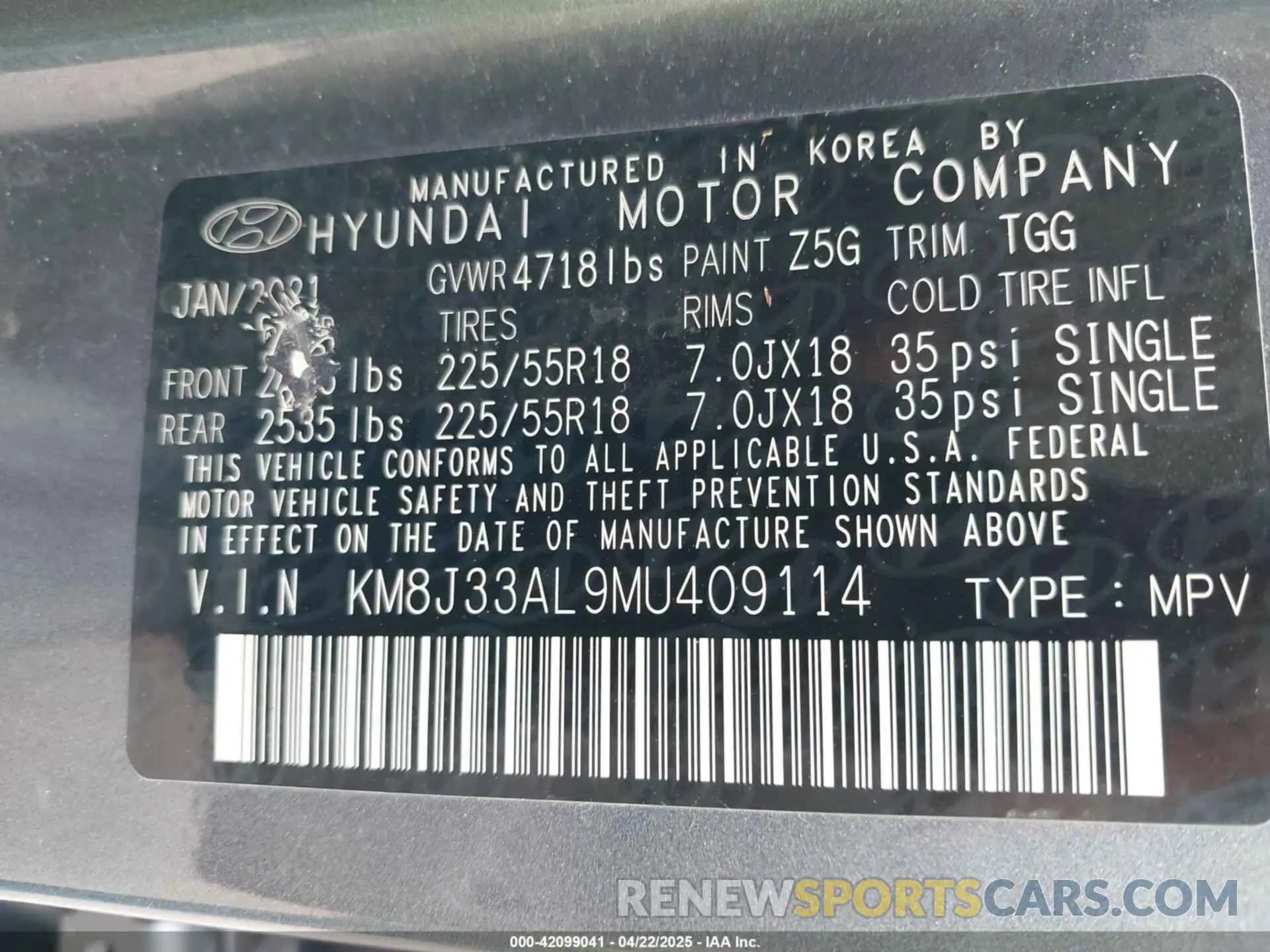 9 Photograph of a damaged car KM8J33AL9MU409114 HYUNDAI TUCSON 2021
