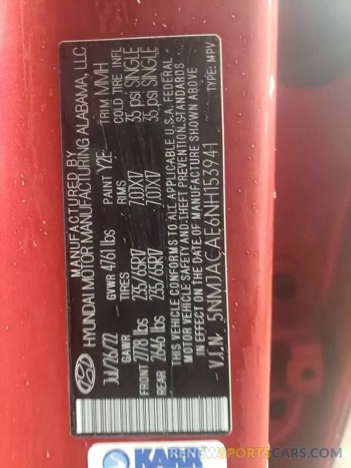 12 Photograph of a damaged car 5NMJACAE6NH153941 HYUNDAI TUCSON 2022