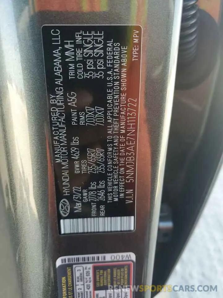 14 Photograph of a damaged car 5NMJB3AE7NH113722 HYUNDAI TUCSON 2022