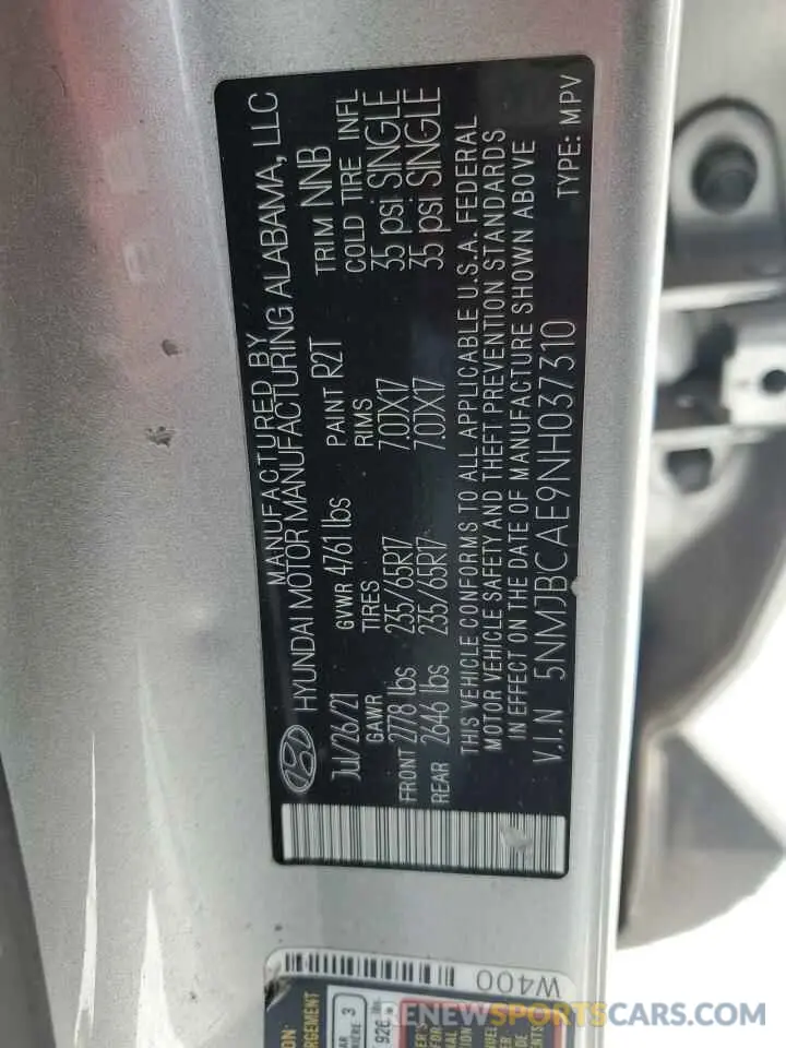 13 Photograph of a damaged car 5NMJBCAE9NH037310 HYUNDAI TUCSON 2022