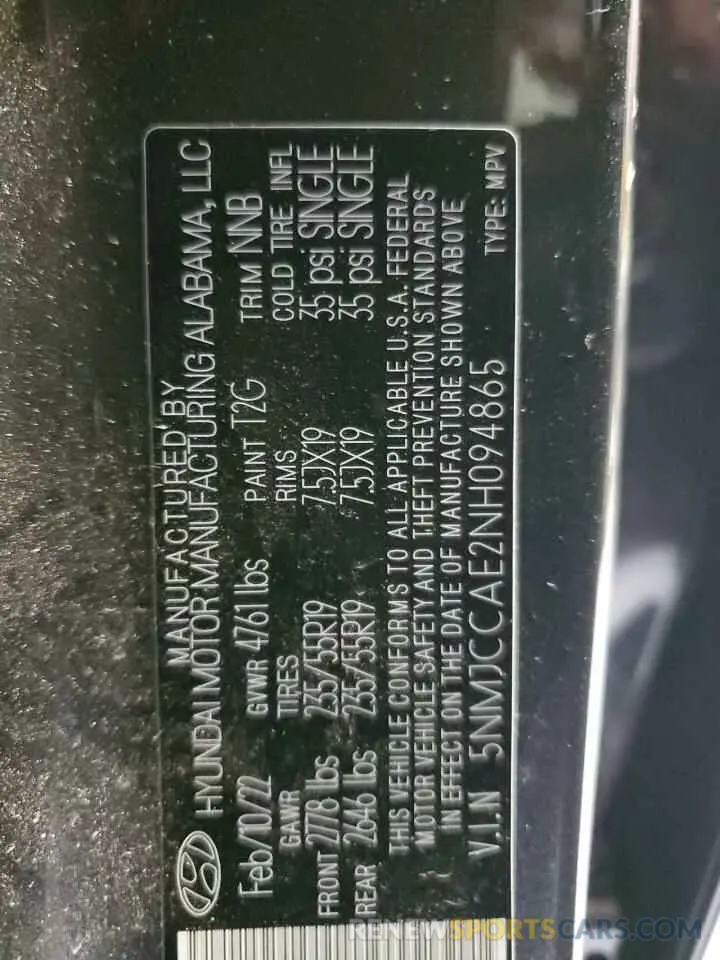 13 Photograph of a damaged car 5NMJCCAE2NH094865 HYUNDAI TUCSON 2022