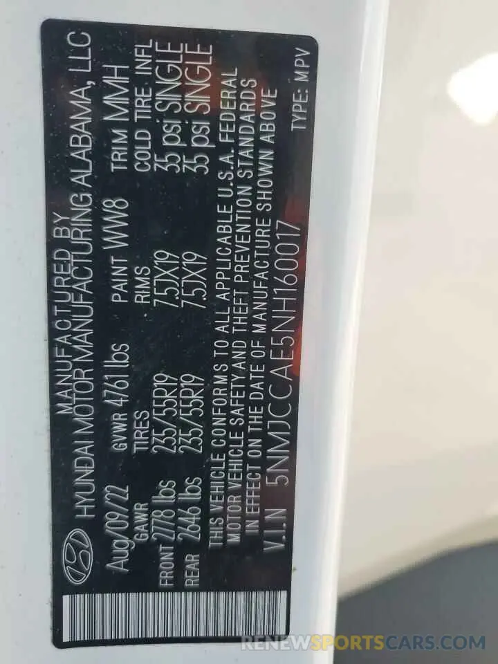 16 Photograph of a damaged car 5NMJCCAE5NH160017 HYUNDAI TUCSON 2022