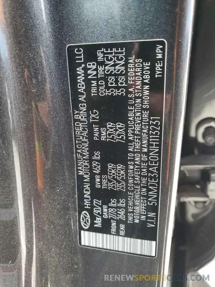 12 Photograph of a damaged car 5NMJE3AE0NH113231 HYUNDAI TUCSON 2022