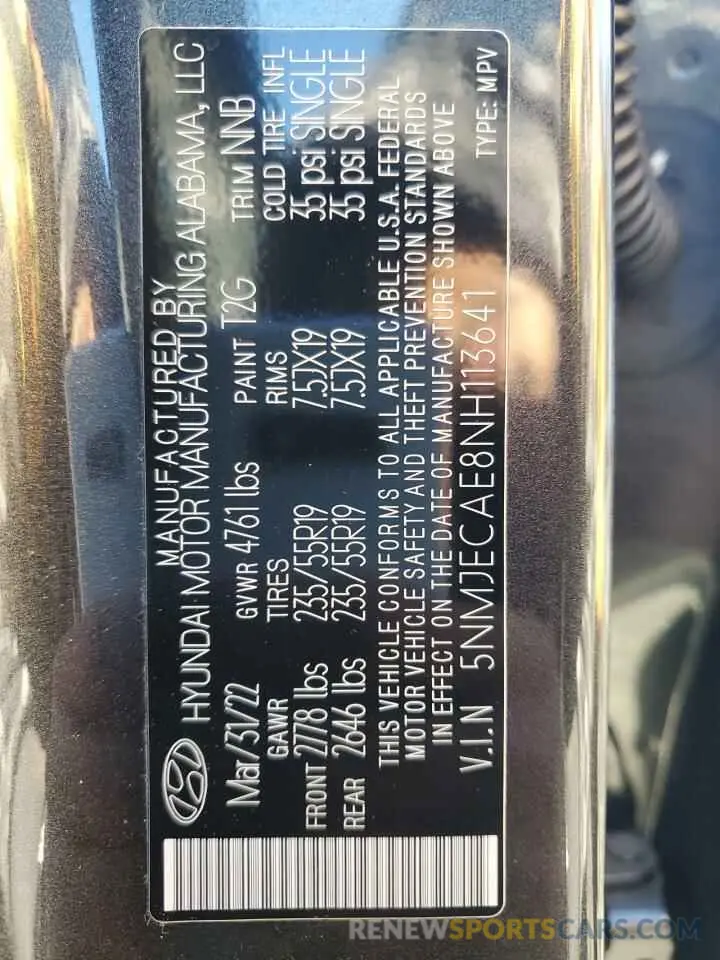 13 Photograph of a damaged car 5NMJECAE8NH113641 HYUNDAI TUCSON 2022