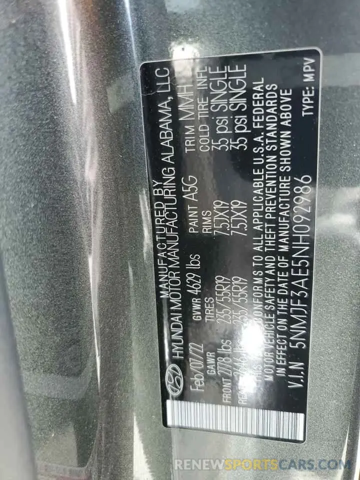 13 Photograph of a damaged car 5NMJF3AE5NH092986 HYUNDAI TUCSON 2022