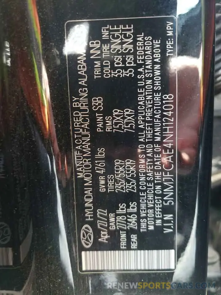 13 Photograph of a damaged car 5NMJFCAE4NH124018 HYUNDAI TUCSON 2022