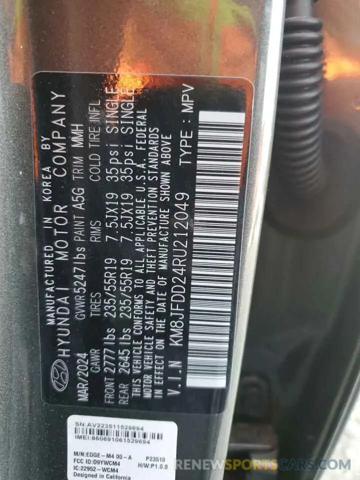 13 Photograph of a damaged car KM8JFDD24RU212049 HYUNDAI TUCSON 2024