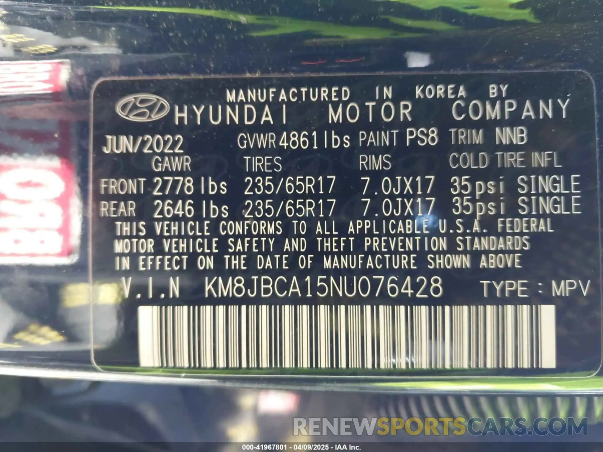 9 Photograph of a damaged car KM8JBCA15NU076428 HYUNDAI TUCSON HYBRID 2022