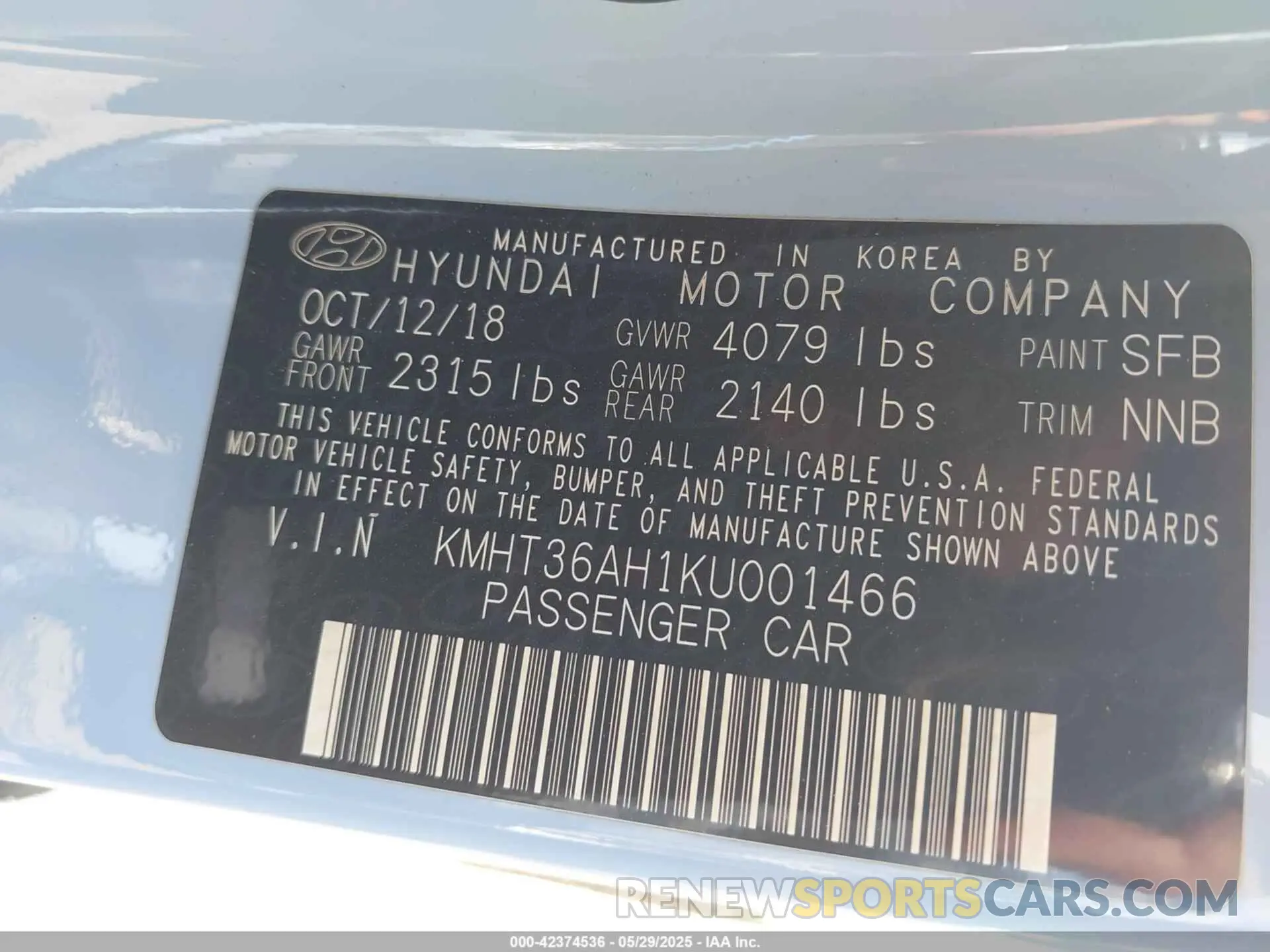 9 Photograph of a damaged car KMHT36AH1KU001466 HYUNDAI VELOSTER 2019