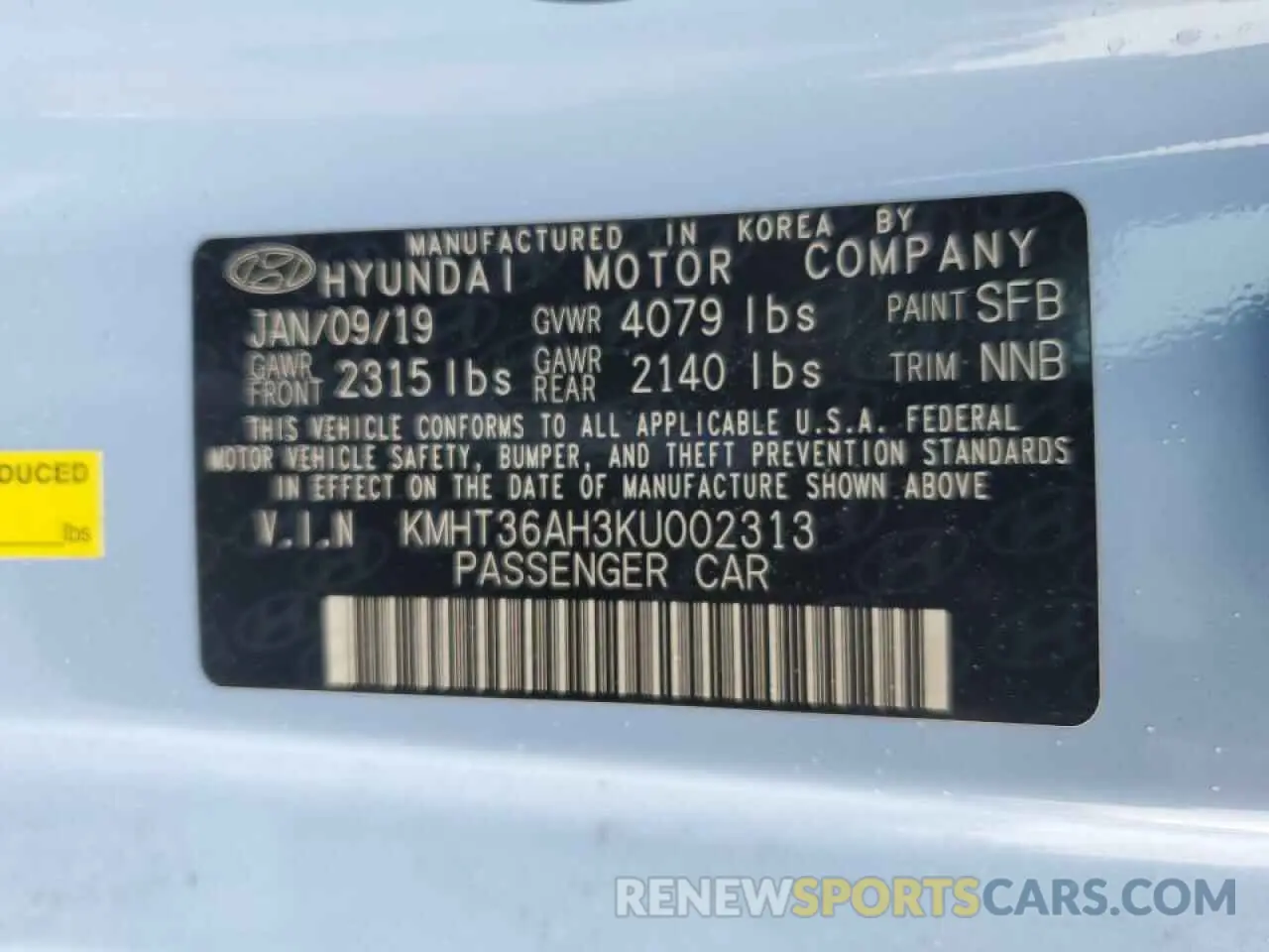 12 Photograph of a damaged car KMHT36AH3KU002313 HYUNDAI VELOSTER 2019
