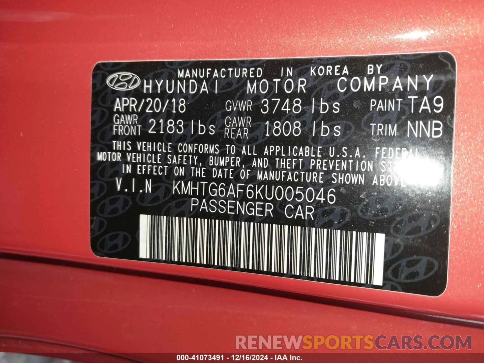 9 Photograph of a damaged car KMHTG6AF6KU005046 HYUNDAI VELOSTER 2019