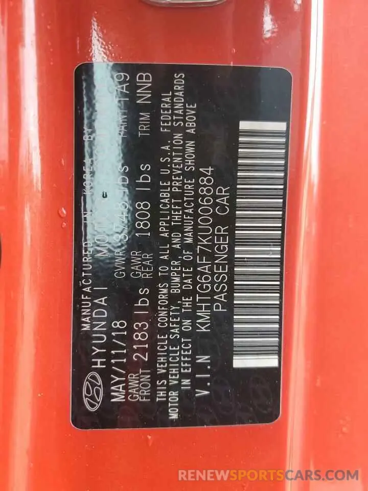 13 Photograph of a damaged car KMHTG6AF7KU006884 HYUNDAI VELOSTER 2019