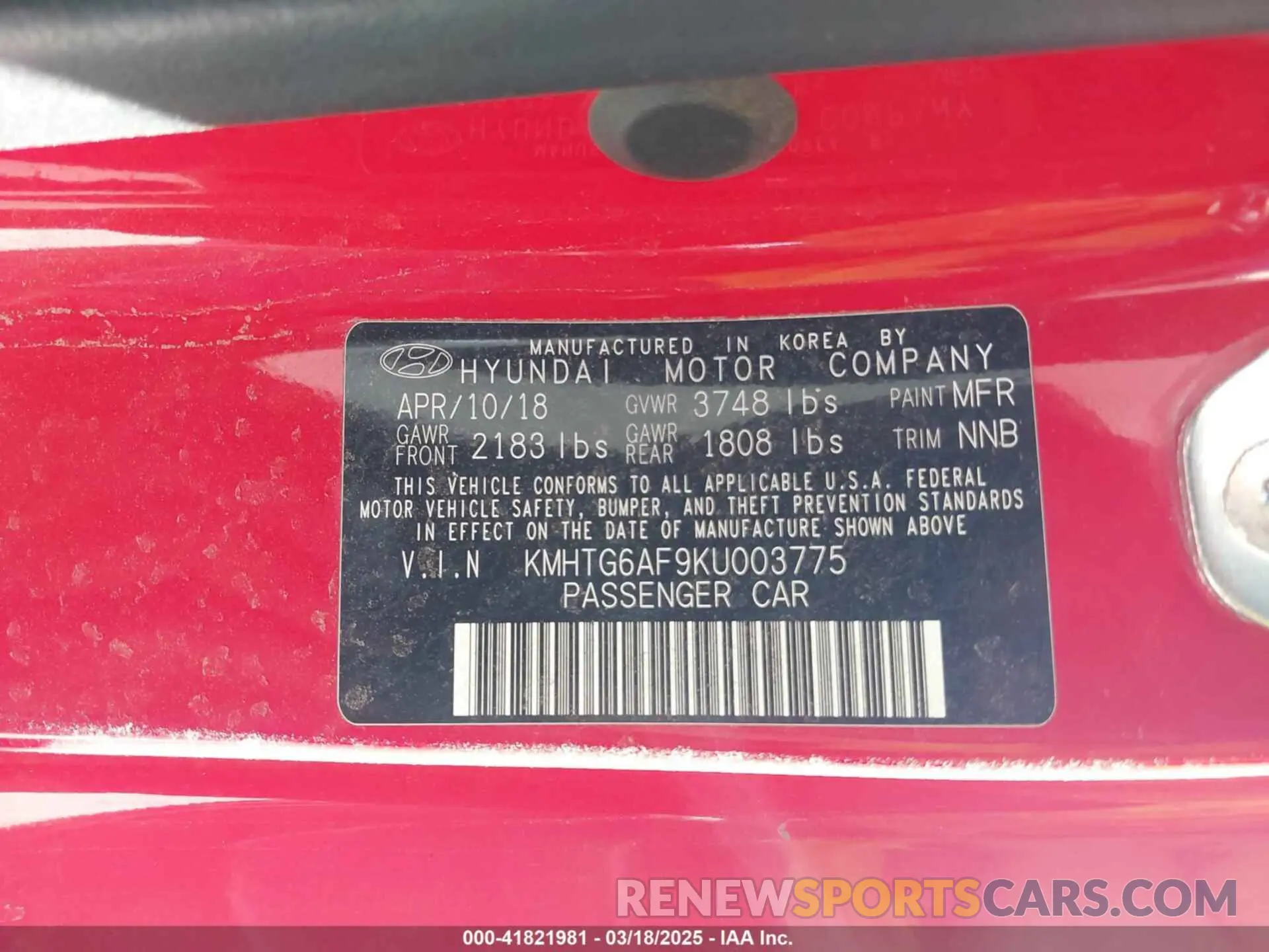 9 Photograph of a damaged car KMHTG6AF9KU003775 HYUNDAI VELOSTER 2019