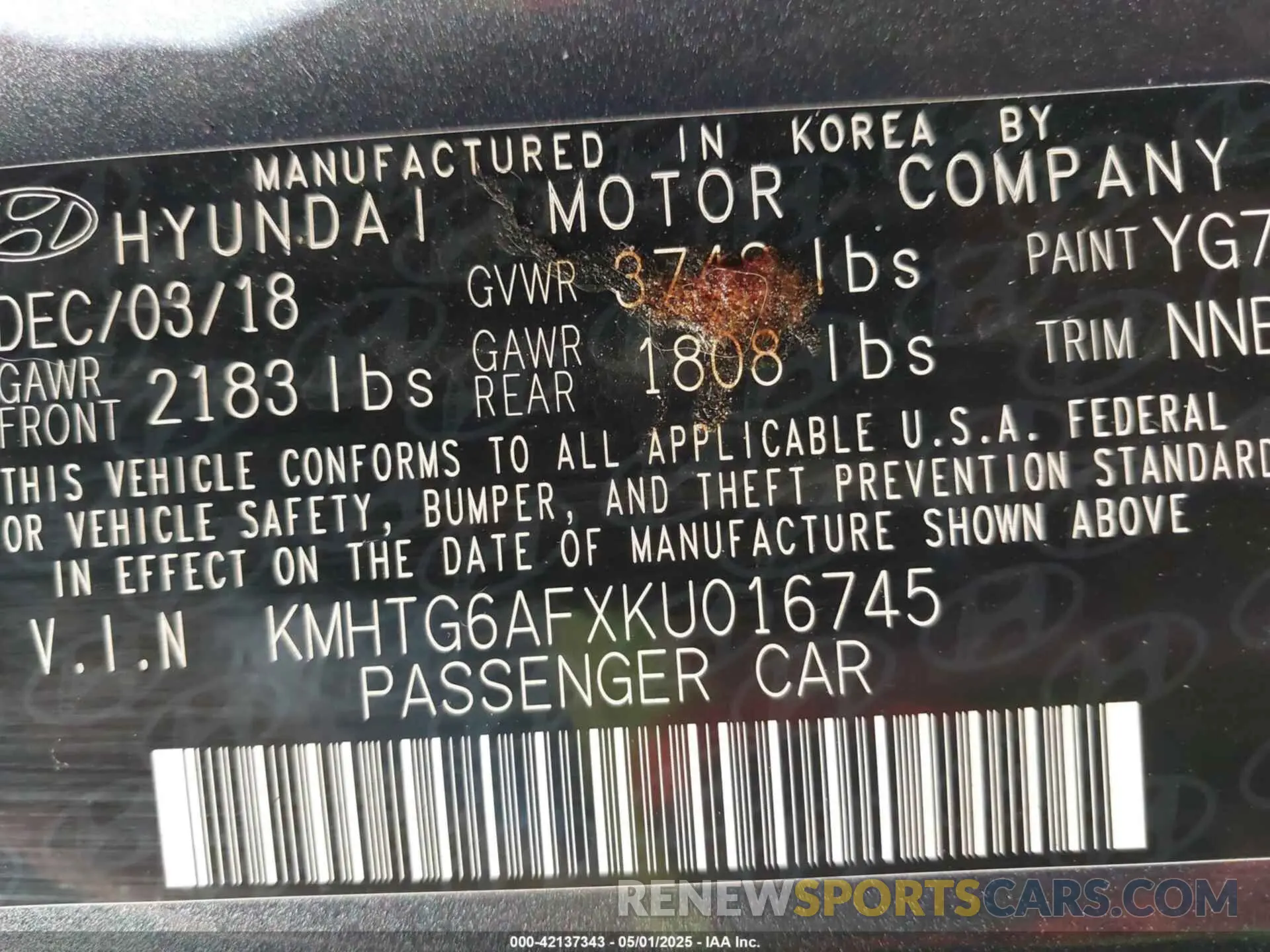 9 Photograph of a damaged car KMHTG6AFXKU016745 HYUNDAI VELOSTER 2019