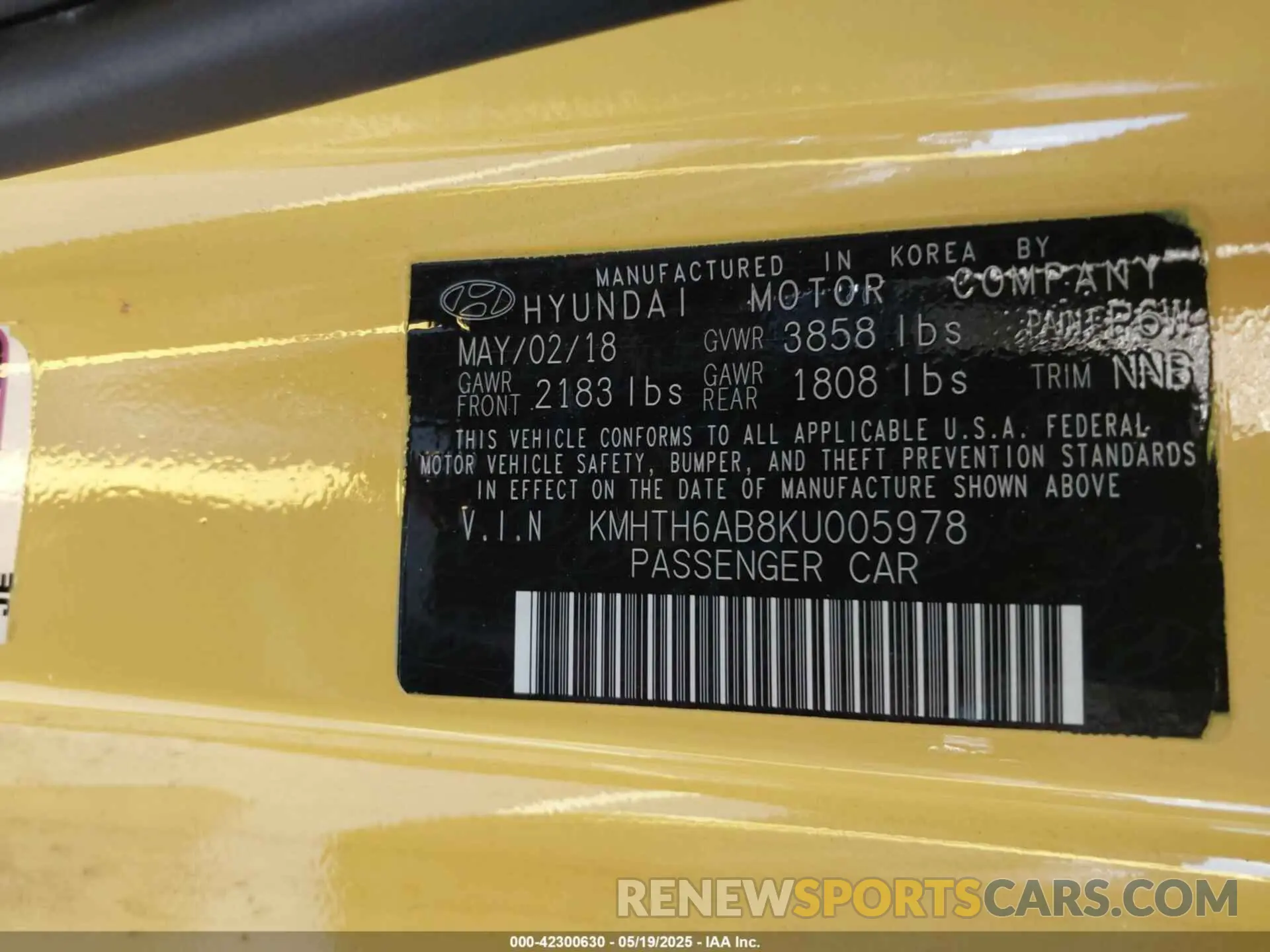 9 Photograph of a damaged car KMHTH6AB8KU005978 HYUNDAI VELOSTER 2019
