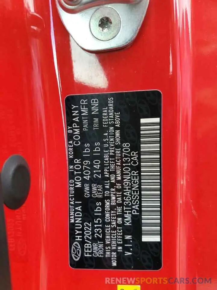 12 Photograph of a damaged car KMHT36AH9NU013708 HYUNDAI VELOSTER 2022