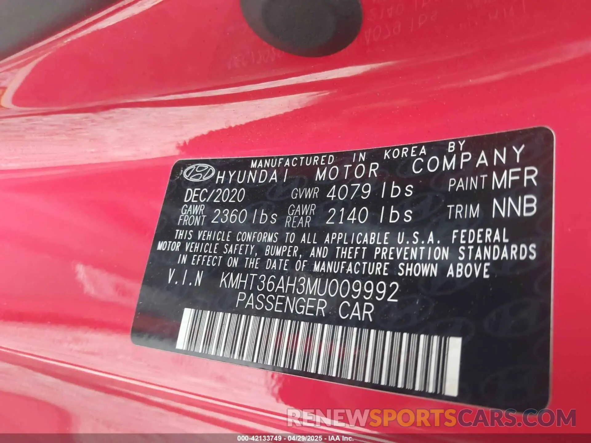 9 Photograph of a damaged car KMHT36AH3MU009992 HYUNDAI VELOSTER N 2021