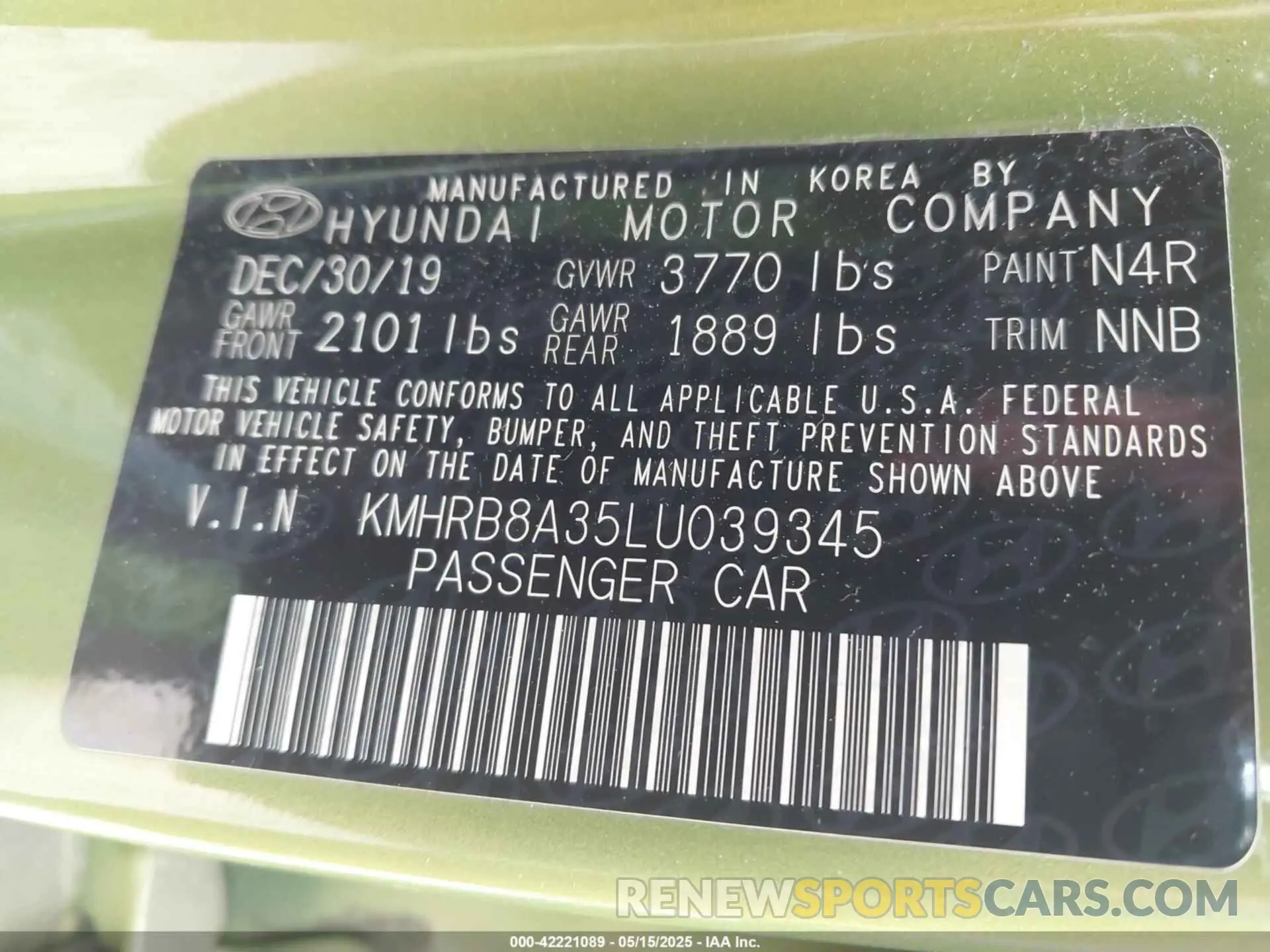 9 Photograph of a damaged car KMHRB8A35LU039345 HYUNDAI VENUE 2020