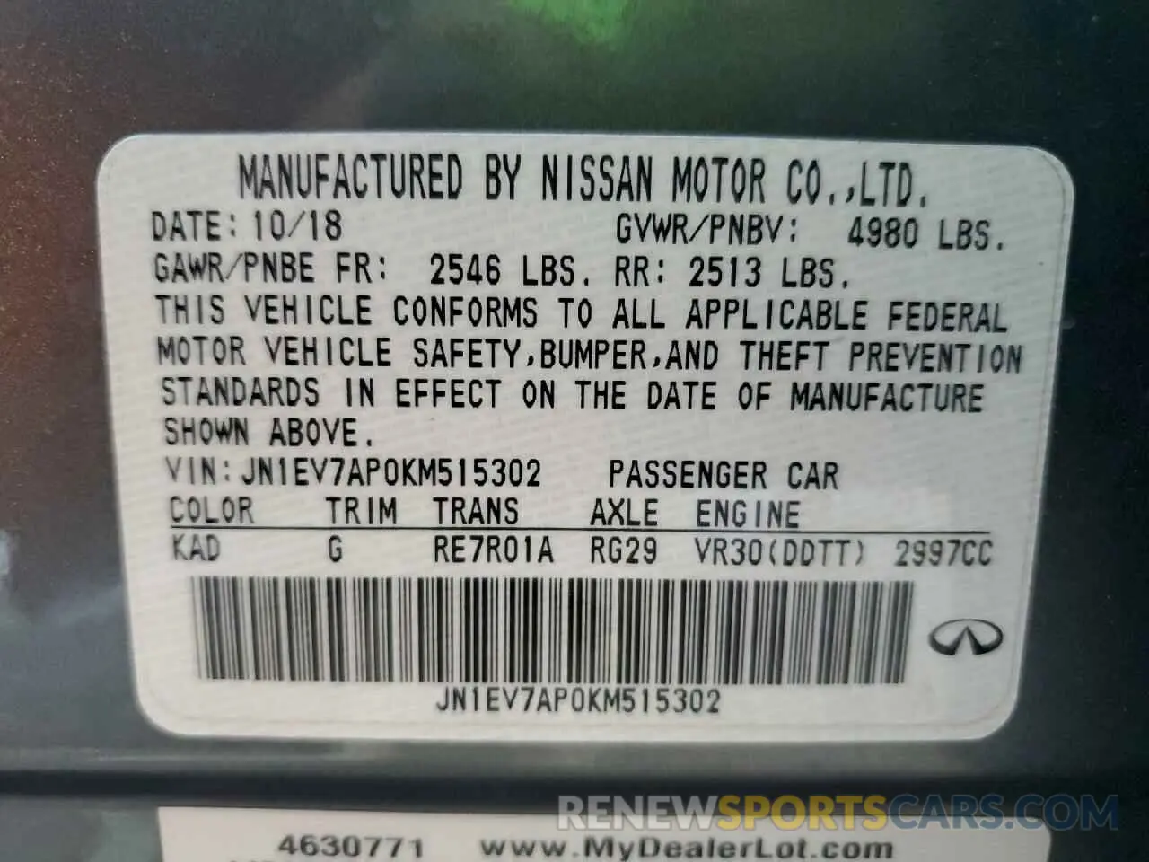 12 Photograph of a damaged car JN1EV7AP0KM515302 INFINITI Q50 2019