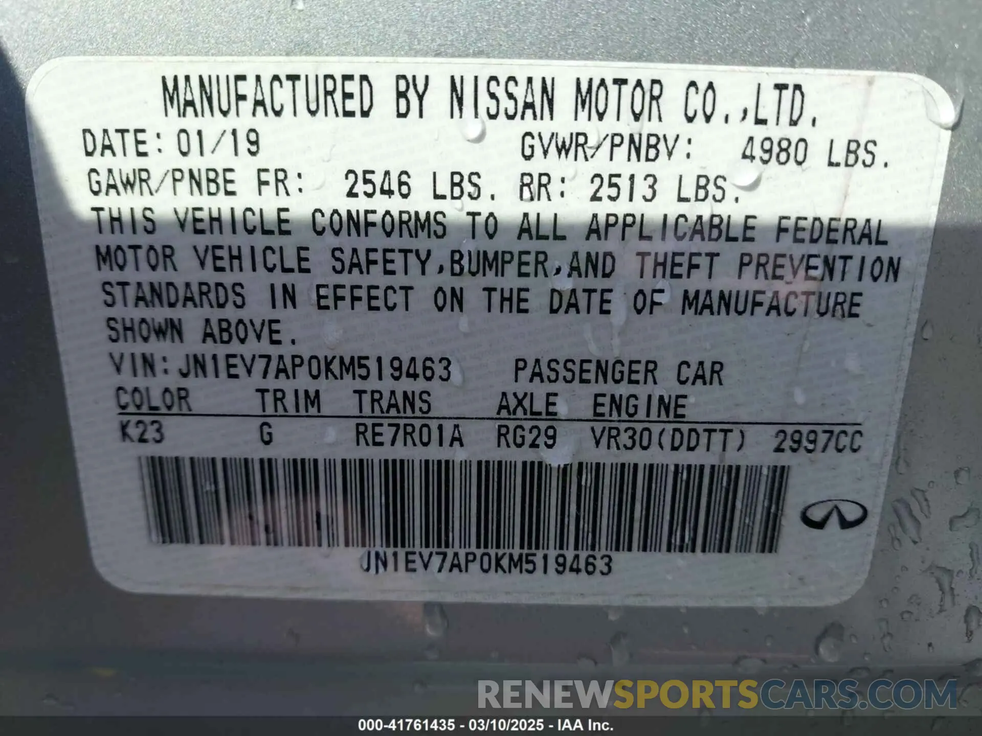 9 Photograph of a damaged car JN1EV7AP0KM519463 INFINITI Q50 2019