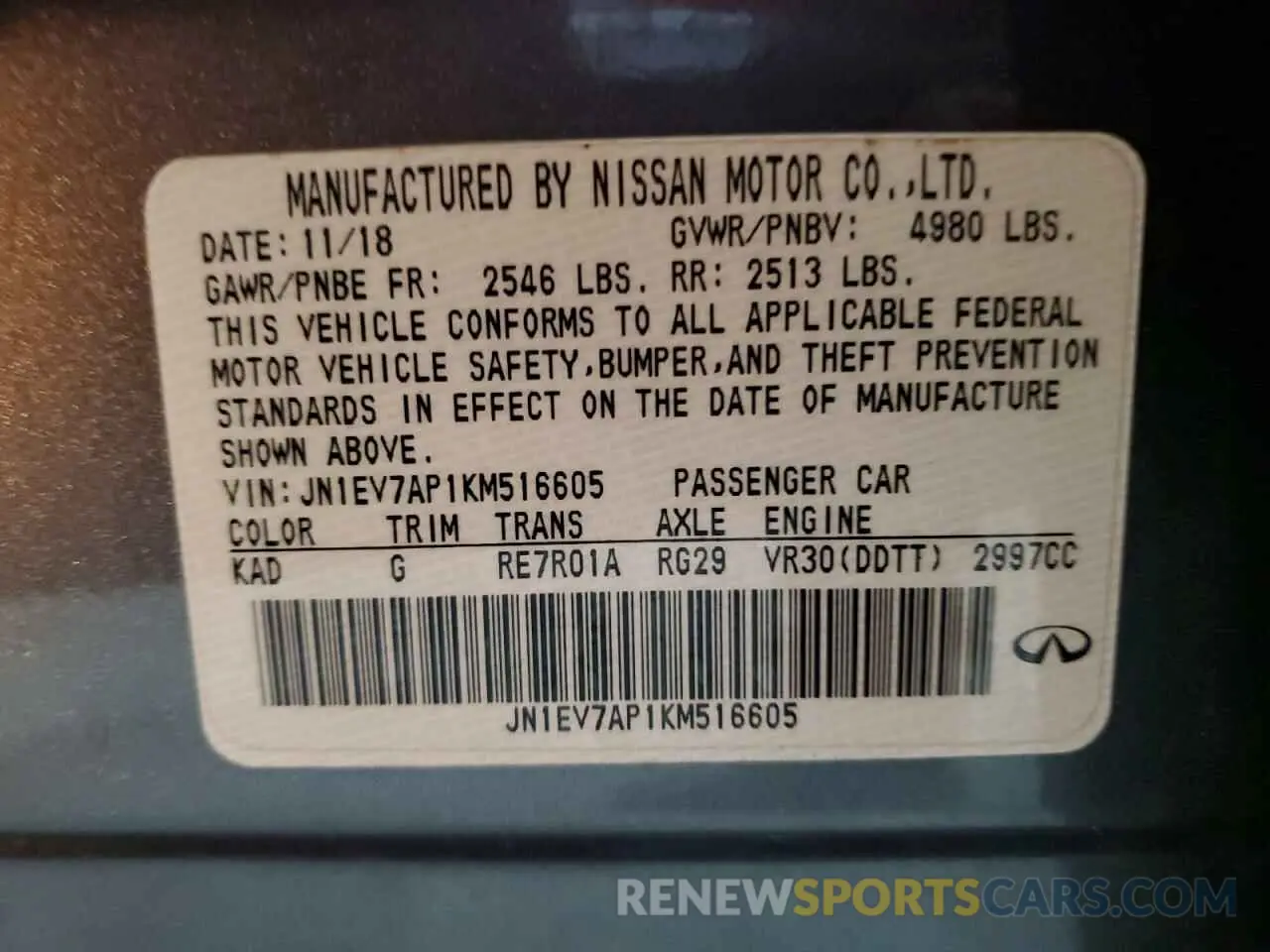 13 Photograph of a damaged car JN1EV7AP1KM516605 INFINITI Q50 2019