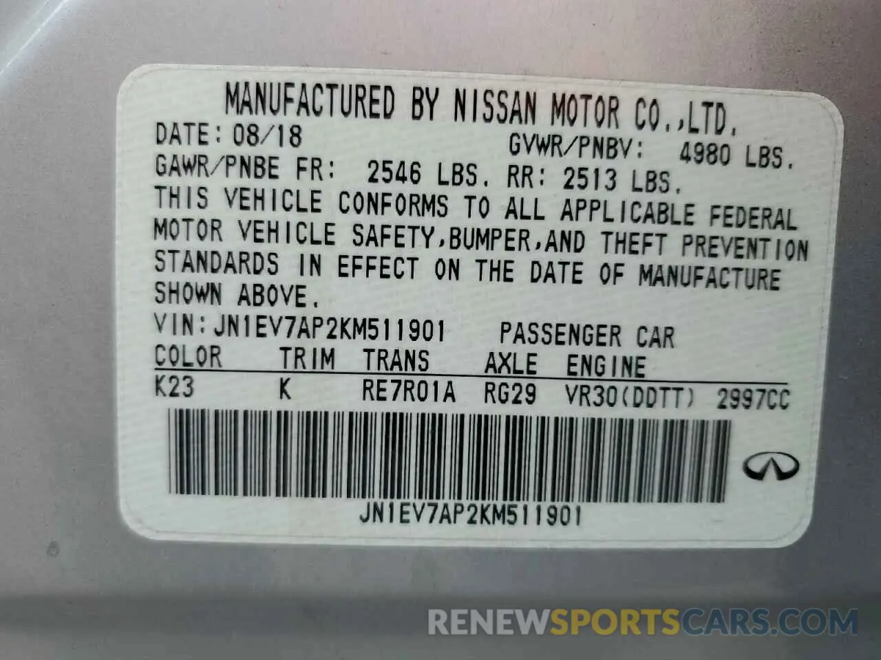 12 Photograph of a damaged car JN1EV7AP2KM511901 INFINITI Q50 2019