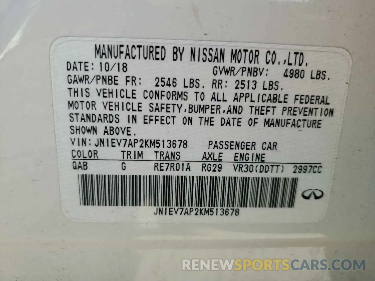 13 Photograph of a damaged car JN1EV7AP2KM513678 INFINITI Q50 2019