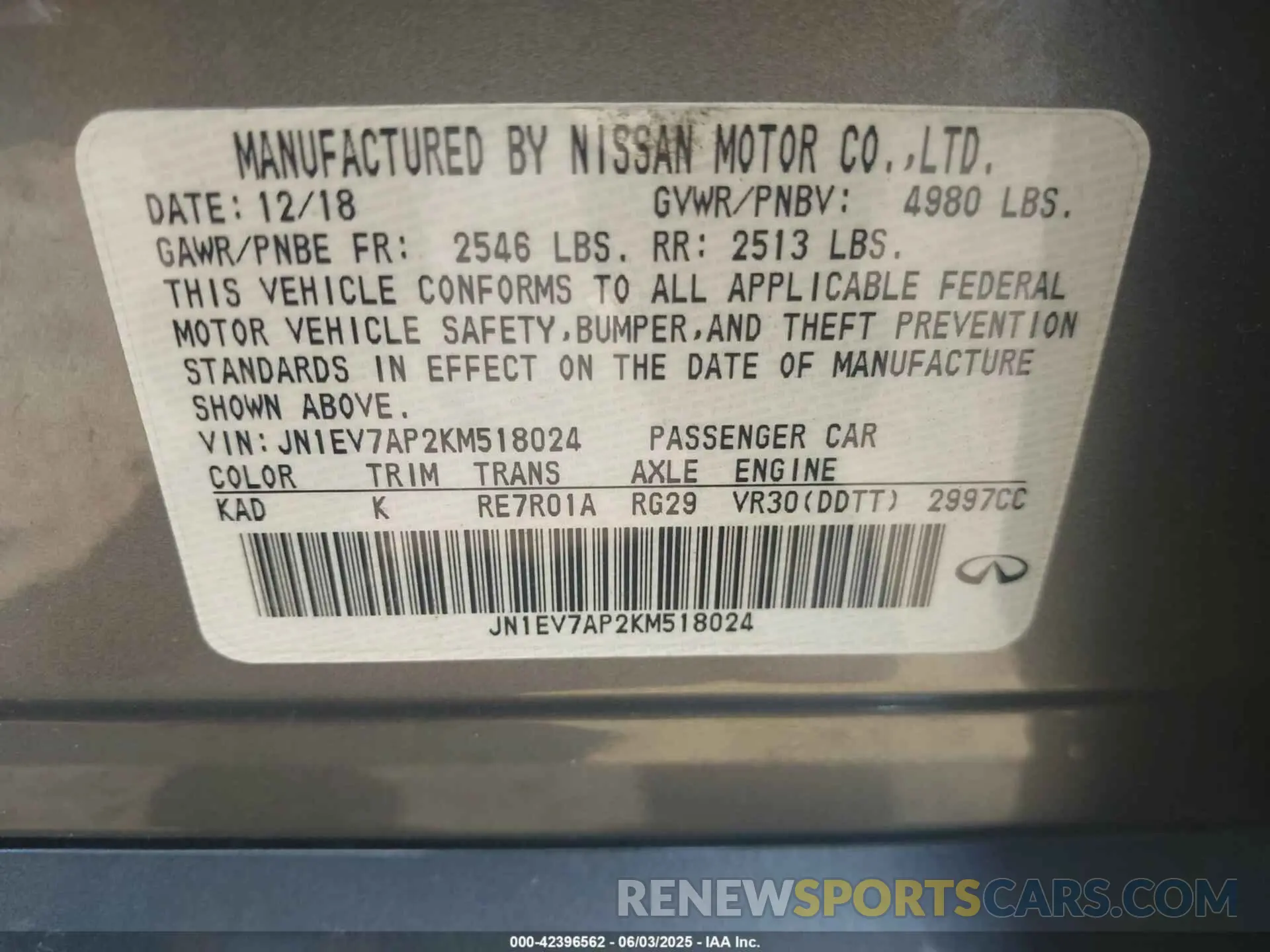 9 Photograph of a damaged car JN1EV7AP2KM518024 INFINITI Q50 2019