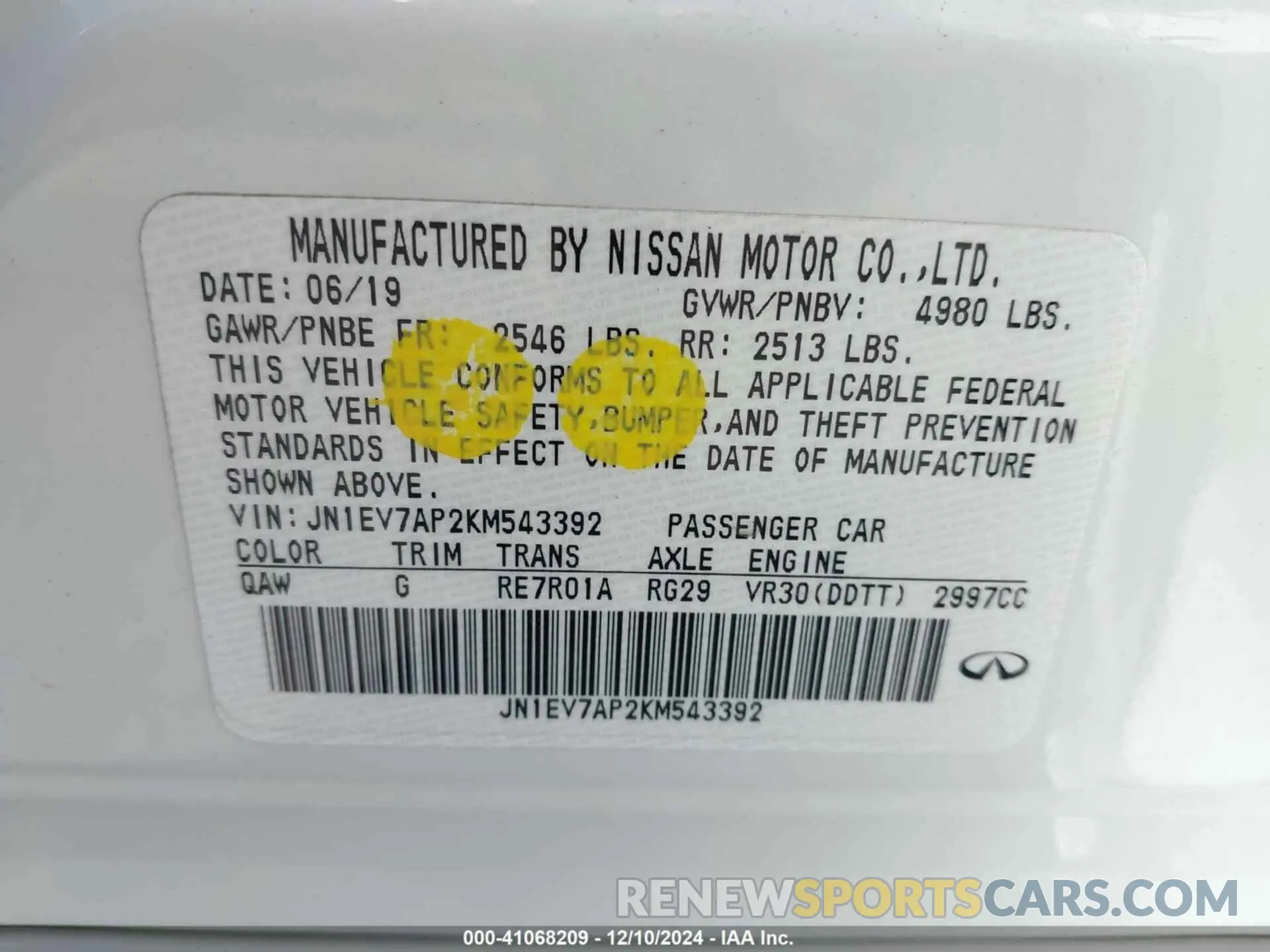 9 Photograph of a damaged car JN1EV7AP2KM543392 INFINITI Q50 2019