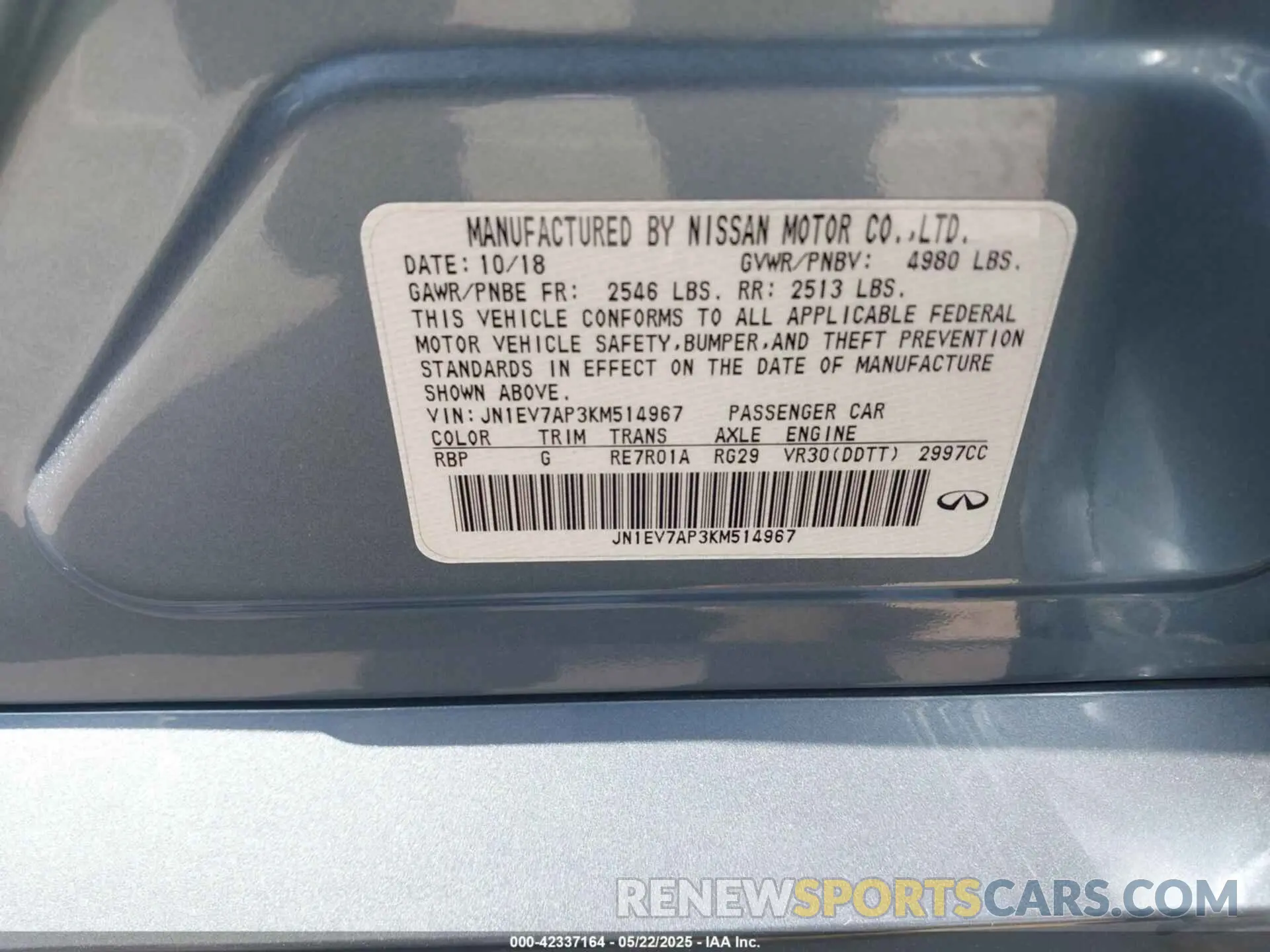 9 Photograph of a damaged car JN1EV7AP3KM514967 INFINITI Q50 2019