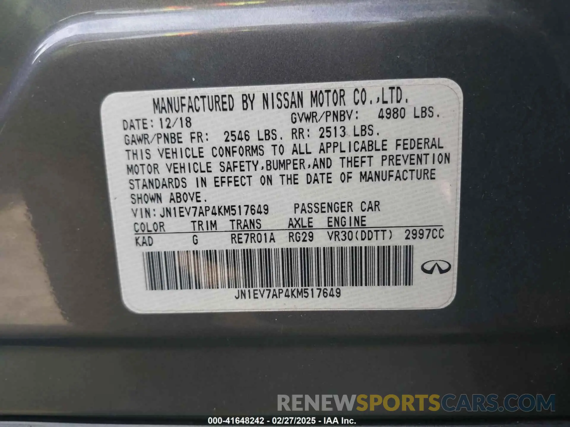 9 Photograph of a damaged car JN1EV7AP4KM517649 INFINITI Q50 2019